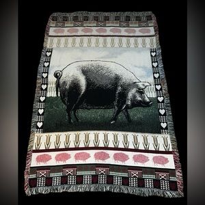 Vintage  RARE Throw Blanket Tapestry Farm Pig & Hearts  46 x 70”  Country Folk